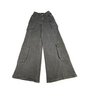 Madden NYC Black Wide-Leg Cargo Jeans Sz XS Rhinestone Grunge Streetwear Stretch